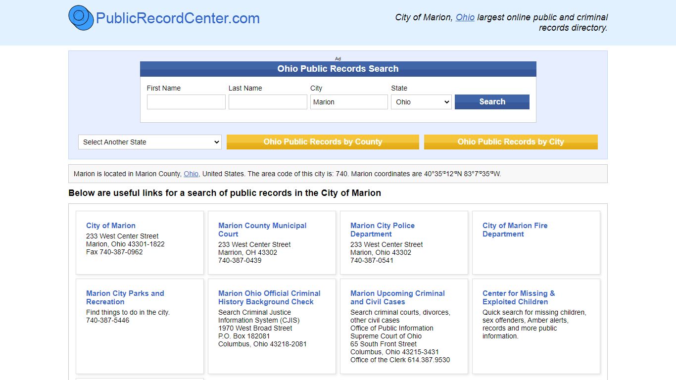 Marion, Ohio Public Records and Criminal Background Check